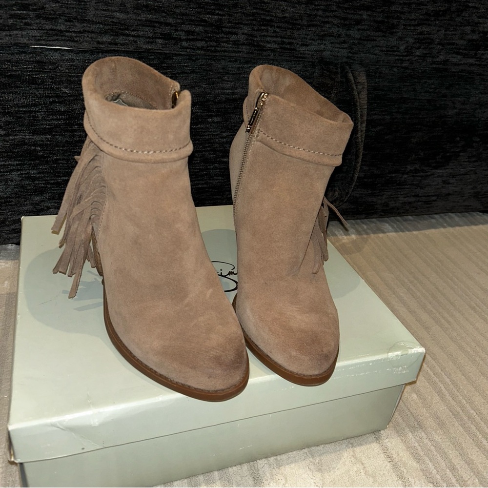 Jessica Simpson Taupe Fringe Ankle Booties